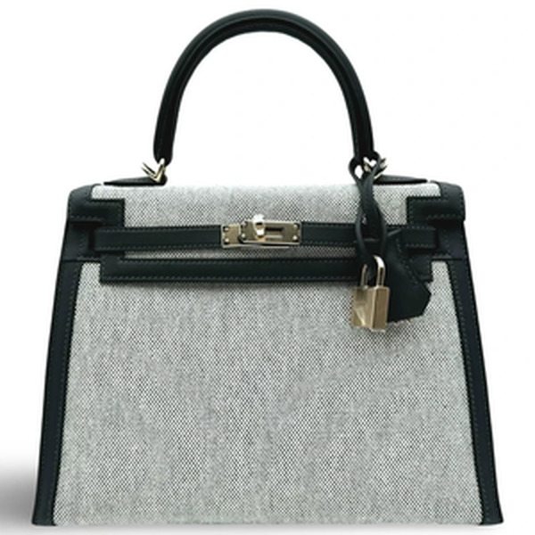 Kelly 25 T&amp;C Toile/Veau Swift Ecru-Noir/Noir