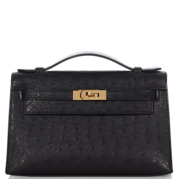 KELLY POCHETTE AUTRUCHE (OSTRICH) NOIR GHW