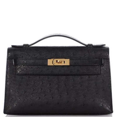 KELLY POCHETTE AUTRUCHE (OSTRICH) NOIR GHW
