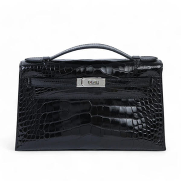 KELLY POCHETTE HSS ALLIGATOR MISSISSIPPIENSIS SHINY  NOIR/ WHITE INTERIOR PHW