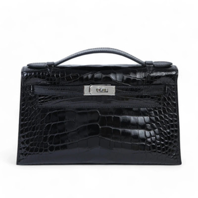 KELLY POCHETTE HSS ALLIGATOR MISSISSIPPIENSIS SHINY  NOIR/ WHITE INTERIOR PHW